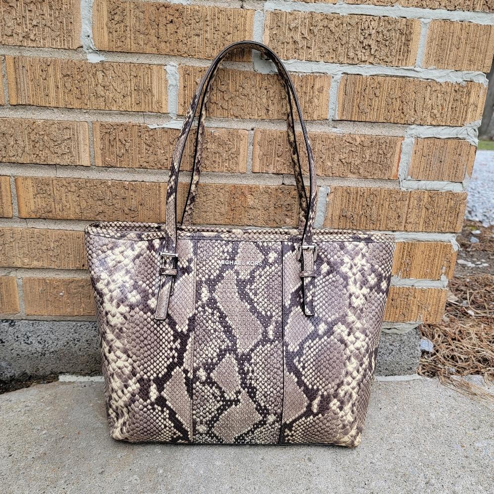 Michael Kors Snake Skin Embossed Tan Brown Stud Leather JetSet Carryall Tote